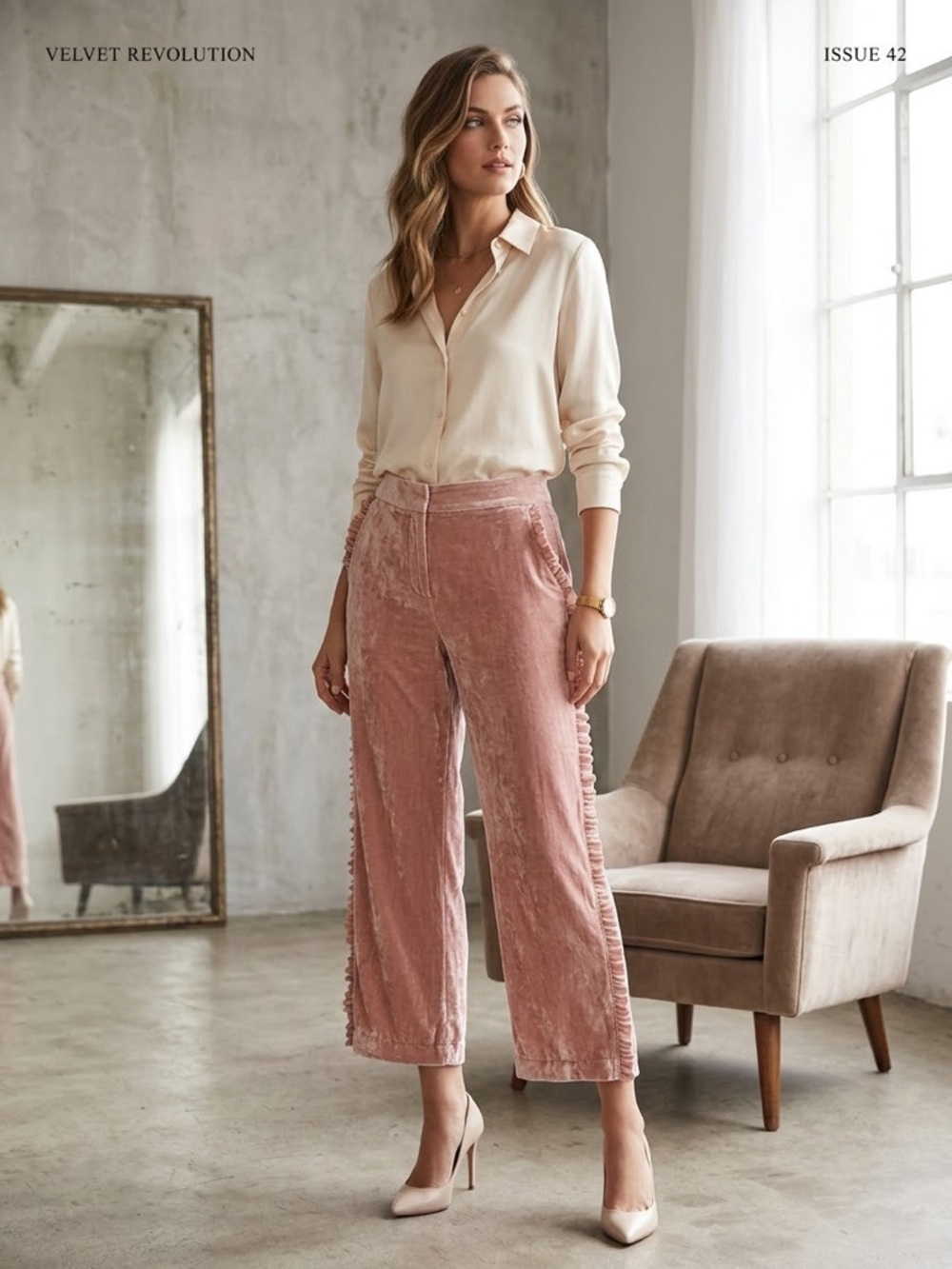 Cinq a Sept Blush Pink Velvet Crop Pants Ruffle Zip Lined Women 4
